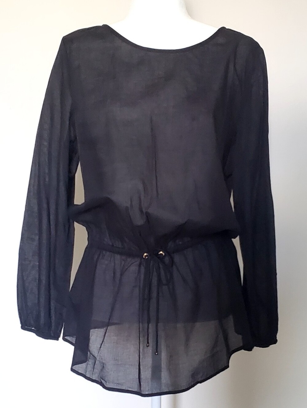Michael Kors Black Sheer, Airy Cotton 3/4 Sleeve Cinch Waist Top, XS,